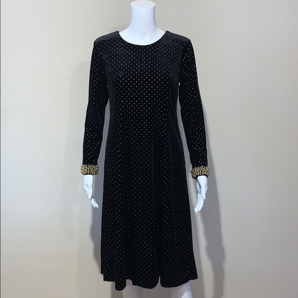 NWT Tahari Black Velvet Long Sleeve Dress Gold 6 - Picture 3 of 8